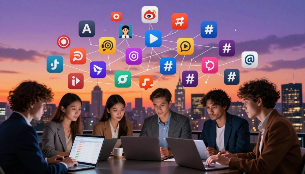 A bustling digital landscape filled with vibrant icons representing various viral internet trends. In the foreground, a professional group of diverse individuals, dressed in smart casual attire, eagerly discussing trend charts displayed on sleek laptops and tablets. The middle ground features a lively collage of trend symbols like memes, viral challenges, and hashtags, interconnected with energetic lines, symbolizing their rapid spread online. The background showcases a stylized city skyline with a digital sunset, casting warm orange and purple hues across the scene, creating an atmosphere of excitement and innovation. The mood is energetic and collaborative, with soft focus on the individuals to emphasize their engagement with the content, captured at a slight low angle to create depth and dynamism.