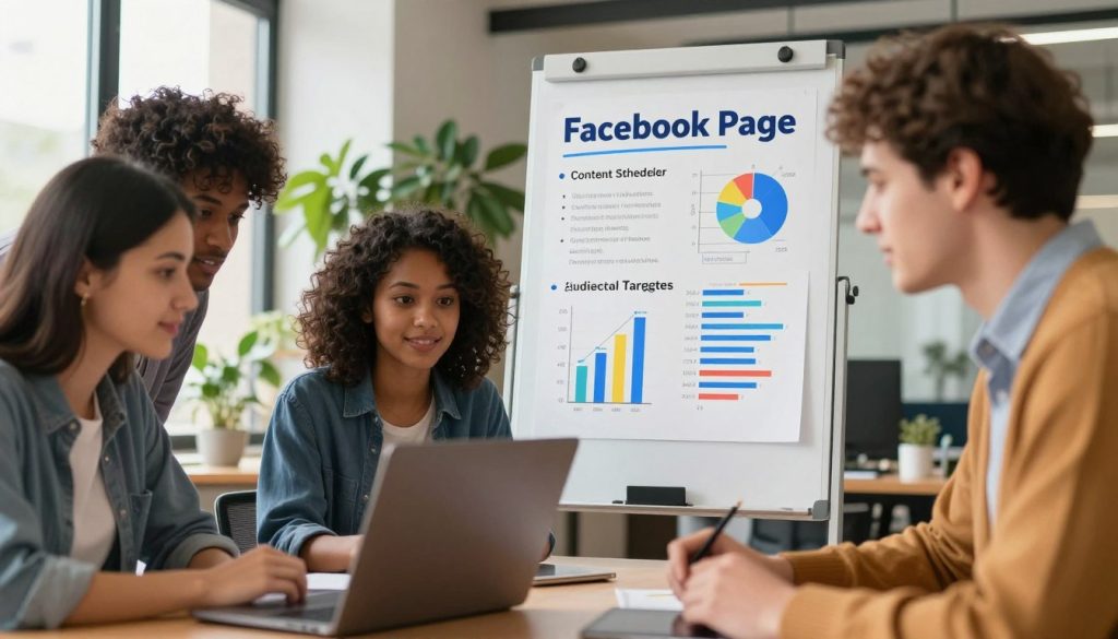A dynamic and professional scene illustrating effective strategies for quickly growing a Facebook page. In the foreground, a diverse team of three individuals, dressed in smart casual attire, collaborates around a laptop, their expressions focused and engaged. In the middle layer, a whiteboard filled with colorful charts, graphs, and bullet points showcases key strategies like content scheduling, interaction tactics, and audience targeting. In the background, a bright, open office space filled with plants and natural light creates an inviting atmosphere. The lighting is soft and warm, suggesting a productive and positive vibe, while a slight lens blur enhances the focus on the team. The overall mood is vibrant and energetic, reflecting the spirit of collaboration and innovation in digital marketing. A dynamic and professional scene illustrating effective strategies for quickly growing a Facebook page. In the foreground, a diverse team of three individuals, dressed in smart casual attire, collaborates around a laptop, their expressions focused and engaged. In the middle layer, a whiteboard filled with colorful charts, graphs, and bullet points showcases key strategies like content scheduling, interaction tactics, and audience targeting. In the background, a bright, open office space filled with plants and natural light creates an inviting atmosphere. The lighting is soft and warm, suggesting a productive and positive vibe, while a slight lens blur enhances the focus on the team. The overall mood is vibrant and energetic, reflecting the spirit of collaboration and innovation in digital marketing.