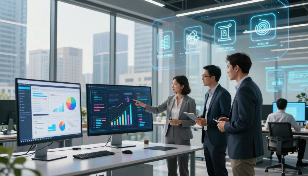 A futuristic office setting showcasing a variety of advanced AI tools projected on sleek, modern screens. In the foreground, a diverse group of three professionals in business attire — a woman and two men — are engaged in a collaborative discussion, pointing at one of the screens displaying colorful charts and graphs indicating productivity gains. In the middle ground, a digital whiteboard features icons symbolizing different AI categories like data analysis, automation, and content generation, all glowing softly. The background depicts a city skyline through large glass windows, with natural light flooding in, creating an inspiring and innovative atmosphere. Use a wide-angle lens to capture the entire scene, highlighting both the tools and the engaged professionals in a bright, optimistic mood.