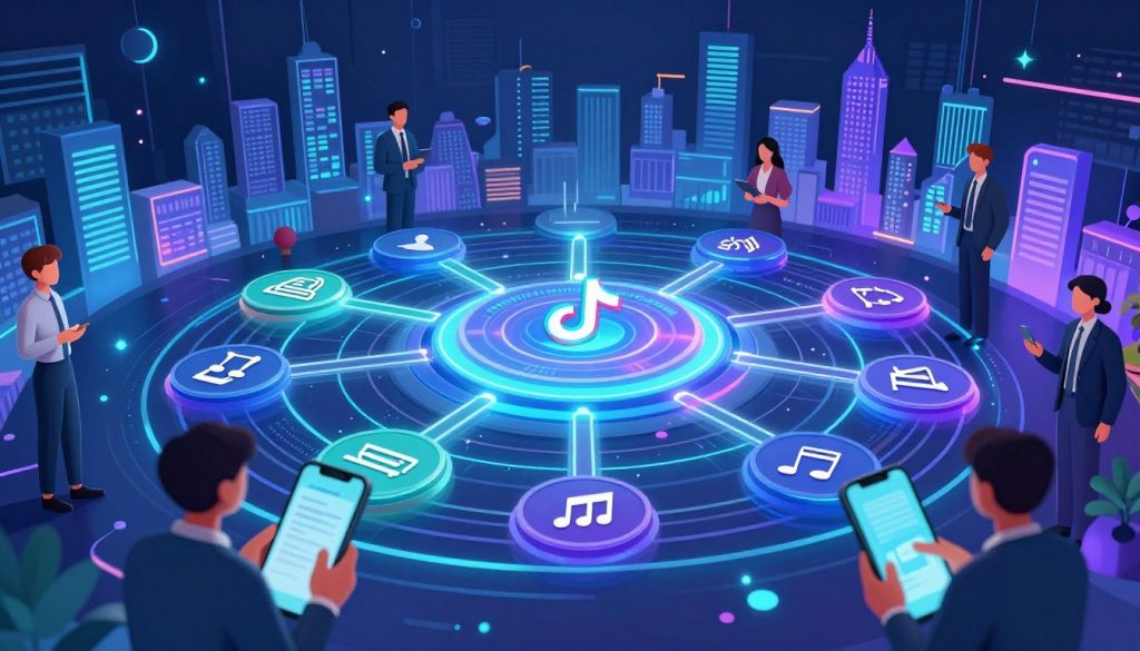 A high-tech illustration of the TikTok algorithm mechanics, depicting a stylized digital network with vibrant nodes and connections representing data flow. In the foreground, include abstract representations of users engaging with content, some displayed with smartphones, wearing professional business attire. The middle layer features an intricate diagram of algorithm components, like user preferences, engagement metrics, and trending sounds, all connected via glowing lines. In the background, a city skyline made of digital elements, suggesting a bustling online community. The atmosphere is dynamic and energetic, with a color palette of bright blues, purples, and greens. Soft lighting highlights the connections and elements, creating a sense of depth and innovation. Capture this scene from a slightly elevated angle to emphasize interaction and digital connectivity. A high-tech illustration of the TikTok algorithm mechanics, depicting a stylized digital network with vibrant nodes and connections representing data flow. In the foreground, include abstract representations of users engaging with content, some displayed with smartphones, wearing professional business attire. The middle layer features an intricate diagram of algorithm components, like user preferences, engagement metrics, and trending sounds, all connected via glowing lines. In the background, a city skyline made of digital elements, suggesting a bustling online community. The atmosphere is dynamic and energetic, with a color palette of bright blues, purples, and greens. Soft lighting highlights the connections and elements, creating a sense of depth and innovation. Capture this scene from a slightly elevated angle to emphasize interaction and digital connectivity.