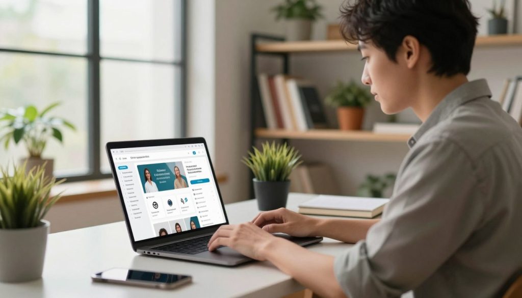 A modern digital workspace set in a cozy home office, featuring a sleek desk with a laptop open to a beautiful dashboard of online opportunities, such as e-commerce and freelancing platforms. The foreground shows a professional individual, dressed in smart casual attire, focused intently as they type. In the middle ground, shelves filled with books on entrepreneurship and productivity line the walls, alongside colorful potted plants that add a touch of freshness. The background reveals a large window with soft, natural light pouring in, illuminating the space with a warm and inviting atmosphere. The overall mood is inspiring and motivating, reflecting productivity and creative energy, perfect for someone preparing to embark on their digital side hustles journey.