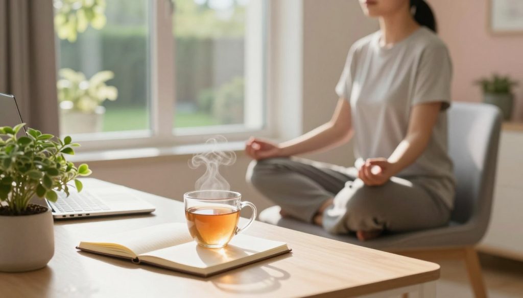 A serene scene depicting a cozy home workspace focused on daily routines for mental well-being. In the foreground, a neatly organized desk features a plant, a journal, and a steaming cup of herbal tea. A person in modest casual clothing sits cross-legged on a comfortable chair, absorbed in mindfulness meditation, with soft light casting gentle shadows around them. In the middle ground, a large window reveals a sunlit garden, hinting at outdoor activities, like walking or yoga, that promote mental health. The background showcases calming pastel colors on the walls, creating a soothing atmosphere. Soft, natural lighting enhances the tranquil mood. The image conveys a sense of peace, warmth, and productivity, emphasizing a healthy foundation for mental well-being.