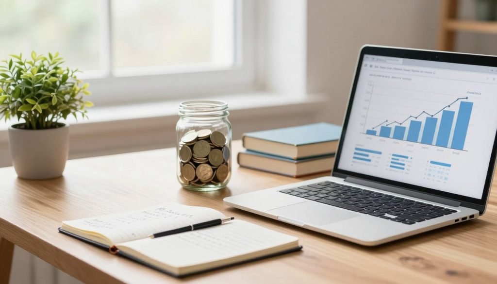 A serene workspace set up to illustrate passive income strategies for beginners. In the foreground, a sleek wooden desk with a laptop open, displaying financial graphs, alongside a plant and a notepad filled with handwritten notes. In the middle ground, a clear glass jar filled with coins symbolizes savings, while a small stack of books on personal finance sits next to it. The background showcases a bright window with natural light streaming in, illuminating the scene and creating a warm atmosphere. Soft colors and a minimalistic design characterize the space, evoking a sense of clarity and focus. The overall mood is inspiring and motivational, ideal for beginners exploring passive income opportunities.