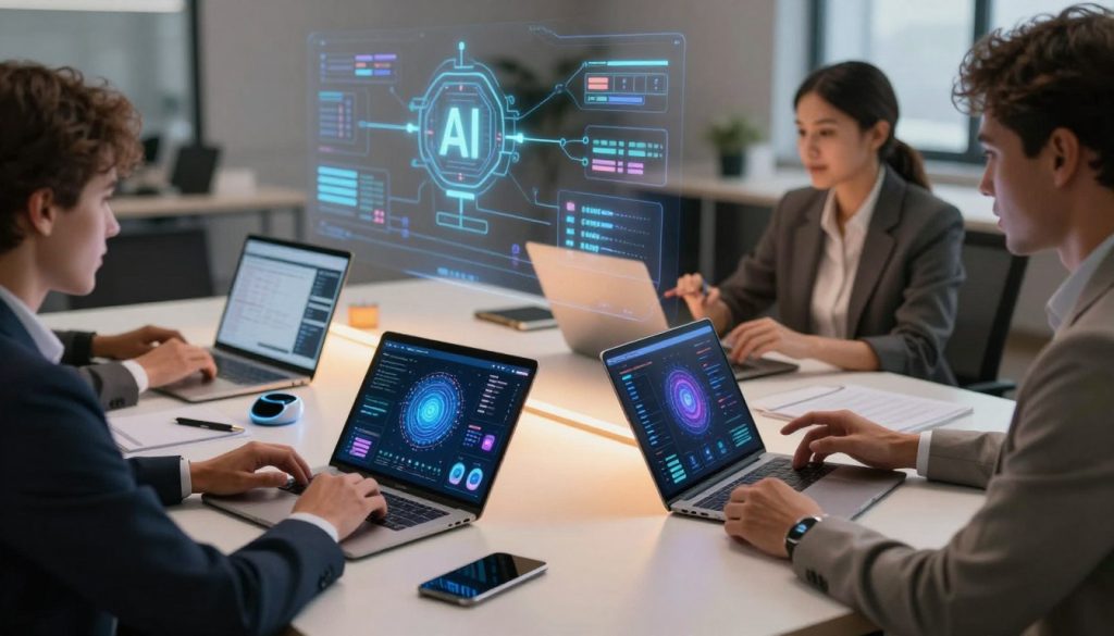 A sleek workspace filled with various digital devices, such as laptops and tablets displaying vibrant user interfaces of artificial intelligence applications. In the foreground, a diverse group of professionals in business attire collaborates, gesturing to visual data analytics on screens. The middle ground features an organized desk with futuristic gadgets like a smart pen and a digital notepad, all illuminated by soft, warm lighting that creates an inviting atmosphere. In the background, there are abstract representations of AI algorithms and workflow diagrams floating gently, conveying a sense of innovation. The scene captures the essence of productivity and technology, with a clear focus on collaboration and the efficiency brought by AI-powered tools. The lens perspective is slightly angled for depth, enhancing the dynamic and modern feel of the composition. A sleek workspace filled with various digital devices, such as laptops and tablets displaying vibrant user interfaces of artificial intelligence applications. In the foreground, a diverse group of professionals in business attire collaborates, gesturing to visual data analytics on screens. The middle ground features an organized desk with futuristic gadgets like a smart pen and a digital notepad, all illuminated by soft, warm lighting that creates an inviting atmosphere. In the background, there are abstract representations of AI algorithms and workflow diagrams floating gently, conveying a sense of innovation. The scene captures the essence of productivity and technology, with a clear focus on collaboration and the efficiency brought by AI-powered tools. The lens perspective is slightly angled for depth, enhancing the dynamic and modern feel of the composition.