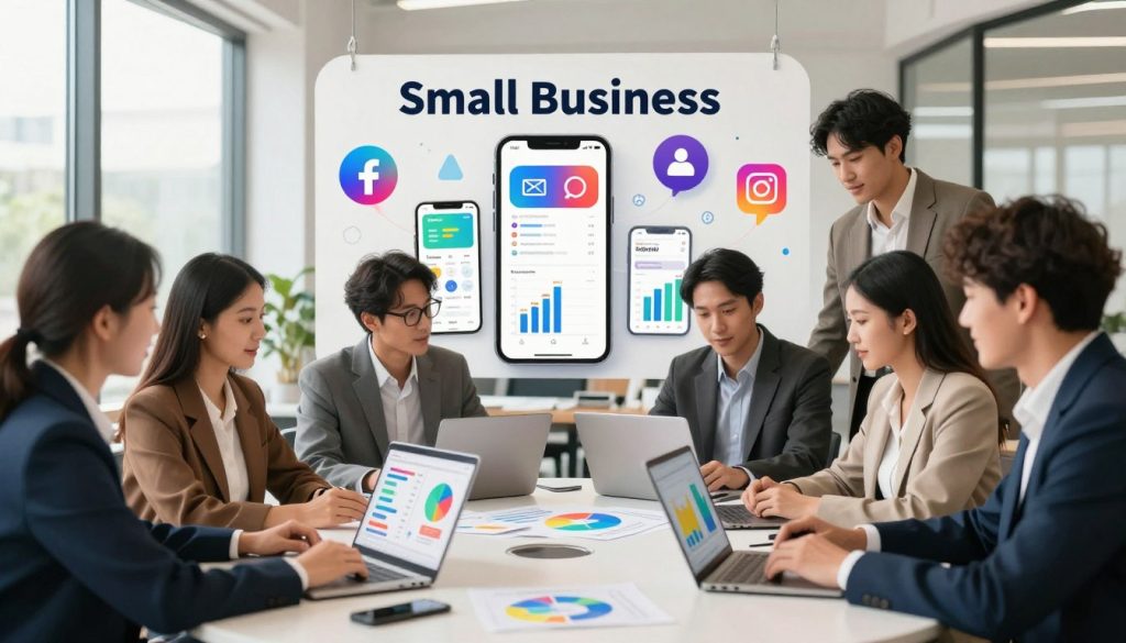 A vibrant and engaging visual representation of social media strategies for small businesses in 2024. In the foreground, a diverse group of professionals in smart business attire collaborates around a circular table, reviewing colorful charts and digital devices showcasing social media metrics. The middle layer features dynamic technology elements, such as smartphones displaying various social media platforms and graphs, symbolizing data-driven decisions. The background should consist of a modern office environment with large windows allowing natural light to flood the space, creating a bright and optimistic atmosphere. The overall mood is collaborative and innovative, emphasizing teamwork and growth in digital marketing. Use soft, warm lighting to enhance the sense of productivity and creativity. A vibrant and engaging visual representation of social media strategies for small businesses in 2024. In the foreground, a diverse group of professionals in smart business attire collaborates around a circular table, reviewing colorful charts and digital devices showcasing social media metrics. The middle layer features dynamic technology elements, such as smartphones displaying various social media platforms and graphs, symbolizing data-driven decisions. The background should consist of a modern office environment with large windows allowing natural light to flood the space, creating a bright and optimistic atmosphere. The overall mood is collaborative and innovative, emphasizing teamwork and growth in digital marketing. Use soft, warm lighting to enhance the sense of productivity and creativity.