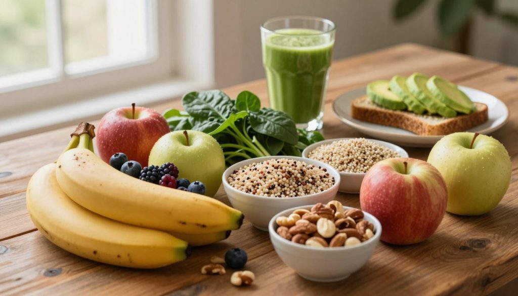 A vibrant and inviting display of various energy-boosting foods arranged artfully on a rustic wooden table. In the foreground, showcase an assortment of colorful fruits such as bananas, apples, and berries, alongside a small bowl of mixed nuts. In the middle ground, include a variety of whole grains like brown rice and quinoa, with sprigs of fresh spinach and kale for a touch of greenery. In the background, softly blurred, place a glass of refreshing green smoothie and a plate of whole grain toast topped with avocado. The scene is bathed in warm, natural light filtering through a nearby window, creating a cozy atmosphere that emphasizes health and vitality. Capture the essence of natural energy in this balanced and wholesome setting. A vibrant and inviting display of various energy-boosting foods arranged artfully on a rustic wooden table. In the foreground, showcase an assortment of colorful fruits such as bananas, apples, and berries, alongside a small bowl of mixed nuts. In the middle ground, include a variety of whole grains like brown rice and quinoa, with sprigs of fresh spinach and kale for a touch of greenery. In the background, softly blurred, place a glass of refreshing green smoothie and a plate of whole grain toast topped with avocado. The scene is bathed in warm, natural light filtering through a nearby window, creating a cozy atmosphere that emphasizes health and vitality. Capture the essence of natural energy in this balanced and wholesome setting.
