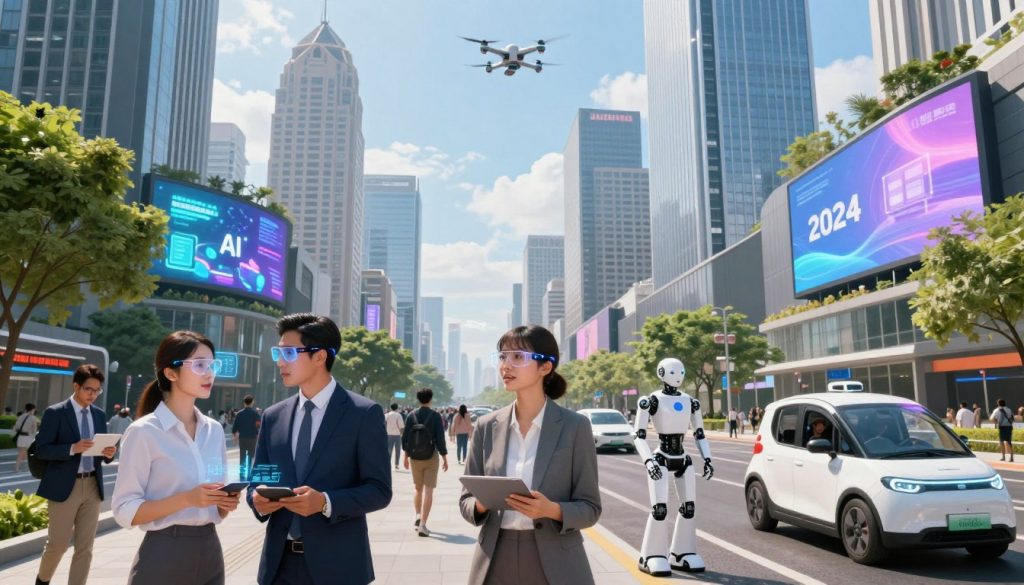 A vibrant, futuristic cityscape depicting the impact of artificial intelligence on daily life in 2024. In the foreground, a diverse group of individuals in professional attire interact with advanced technology—smart glasses displaying data, robotic assistants helping with tasks, and autonomous vehicles navigating seamlessly. The middle ground features bustling streets filled with greenery and digital billboards showcasing AI innovations like virtual shopping kiosks and personalized advertisements. In the background, sleek skyscrapers tower against a bright blue sky with drones flying above. Soft, natural lighting enhances the scene, creating a hopeful and dynamic atmosphere. The angle captures the vibrancy and integration of AI into everyday life, inspiring viewers to imagine a future transformed by technology.
