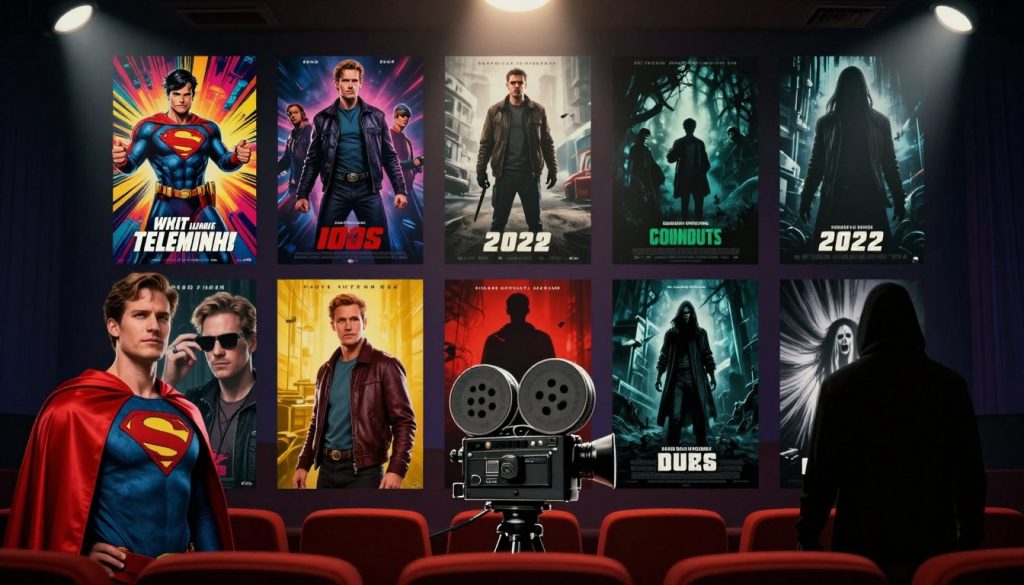 A visually engaging collage showcasing the essence of top trending films of 2022. In the foreground, feature iconic elements representing popular movie genres like superhero capes, a vintage film camera, and a suspenseful thriller's shadowy figure. The middle layer should include stylized posters of notable films, each uniquely designed to reflect colors and themes, such as vibrant comic book art for action films and moody, dark tones for horror. The background should consist of a movie theater setting with dim lighting, enhancing the cinematic atmosphere, complemented by soft spotlights highlighting the film elements. The scene conveys excitement and intrigue, inviting viewers to explore the best of cinema from the year 2022. A visually engaging collage showcasing the essence of top trending films of 2022. In the foreground, feature iconic elements representing popular movie genres like superhero capes, a vintage film camera, and a suspenseful thriller's shadowy figure. The middle layer should include stylized posters of notable films, each uniquely designed to reflect colors and themes, such as vibrant comic book art for action films and moody, dark tones for horror. The background should consist of a movie theater setting with dim lighting, enhancing the cinematic atmosphere, complemented by soft spotlights highlighting the film elements. The scene conveys excitement and intrigue, inviting viewers to explore the best of cinema from the year 2022.